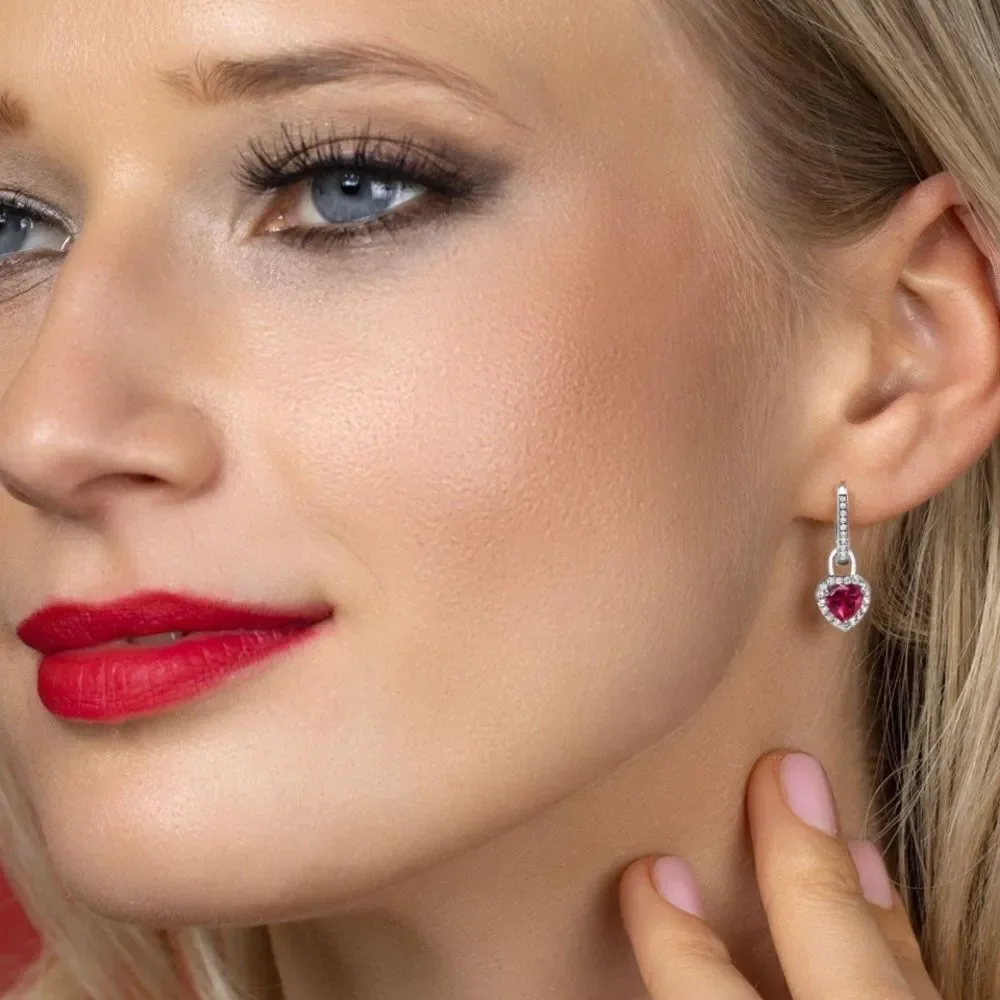 925 Sterling Silver 2.42 Cttw Ruby and White Sapphire Heart French Lock Earrings